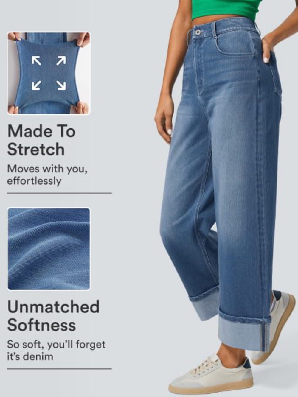 HALARA Wide Leg Cuffed Stretch Ankle Length Jeans in Medium Blue - Picture 4 of 6